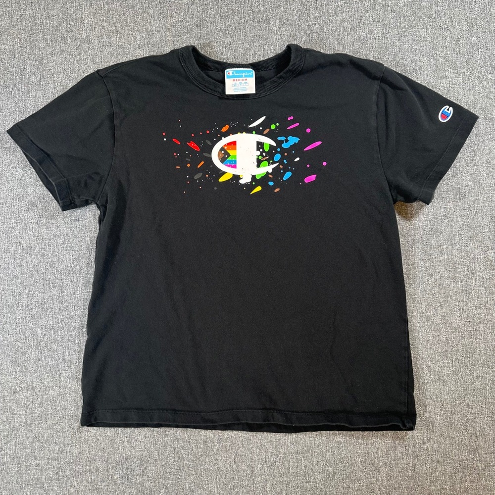 Champion Mens Pride T-Shirt Black Big C Rainbow Paint Splatter Graphic Medium